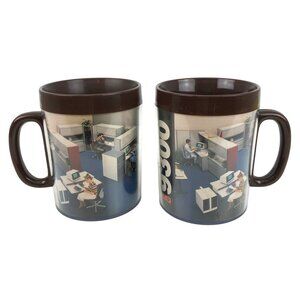 NCR 9300 Vintage 1980's Office Themed Brown Thermo Serv Mugs Set of 2